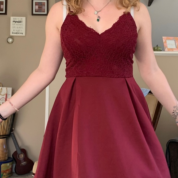 Wine Red Lace Bodice Skater Dress - Picture 3 of 11